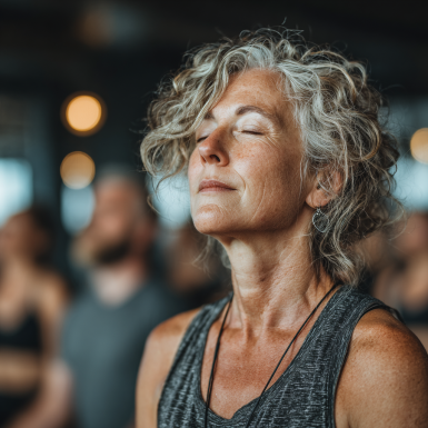 Літня жінка практикує йогу на природі